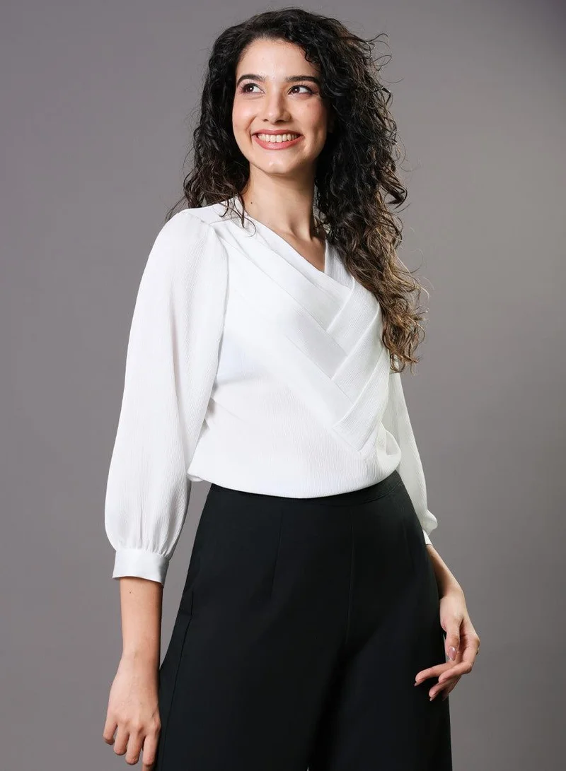 زجزاج White Side Pleated Chiffon Top